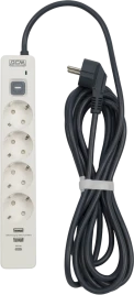 Сетевой фильтр-удлинитель/ PowerCom SP-01 USB2A1CW 3.0M, 4 розетки, белый, 16А, 4кВт, 380Дж, защитные шторки, защита от КЗ, перегрузки, ВЧ и импульсных помех, один порт USB-C(PD20W) и два USB-A(QC3.0) суммарной мощностью 24Вт, кабель 3x1.5 мм2, ШхГхВ 281х
