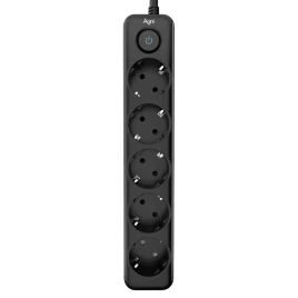 Cетевой фильтр AGNI плоский TP-FD5E-3m-black, 5 розеток Schuko, чёрный, кабель 3 метра, мощность нагрузки 4000 Вт, 16А, заземление, защита от короткого замыкания, сечение кабеля 3 х 1.5 кв.мм., размер 279x54x40 мм.