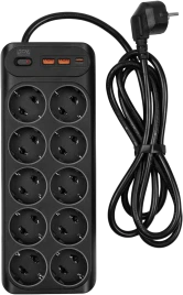 Сетевой фильтр-удлинитель/ PowerCom SP-10 USB2A1CB 1.8M, 10 розеток, черный, 16А, 4кВт, 204Дж, защитные шторки, защита от КЗ, перегрузки и импульсных помех, один порт USB-C(PD20W) и два USB-A(QC3.0) суммарной мощностью 15Вт, кабель 3x1 мм2, ШхГхВ 268х105х