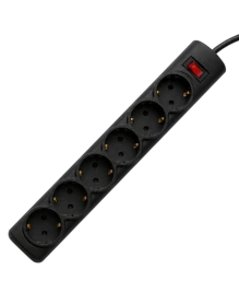Сетевой фильтр PROGIX PG656, 6 розеток, черный, кабель 3 метра, с защитой от перегрузки, заземление, выключатель, мощность нагрузки 2200Вт, размер 320 х 50 х 40мм, сечение кабеля 3 х 0.75кв.мм.