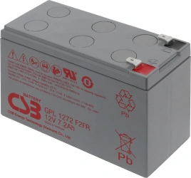 Батарея CSB серия GP, GPL1272 F2 FR, напряжение 12В, емкость 7.2Ач (разряд 20 часов), макс. ток разряда (5 сек.) 130А, ток короткого замыкания 265А, макс. ток заряда 2.16A, свинцово-кислотная типа AGM, клеммы F2, ДxШxВ 150.9x64.8x98.6мм., вес 2.6кг., срок
