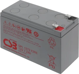 Батарея CSB серия GP, GPL1272 F2 FR, напряжение 12В, емкость 7.2Ач (разряд 20 часов), макс. ток разряда (5 сек.) 130А, ток короткого замыкания 265А, макс. ток заряда 2.16A, свинцово-кислотная типа AGM, клеммы F2, ДxШxВ 150.9x64.8x98.6мм., вес 2.6кг., срок