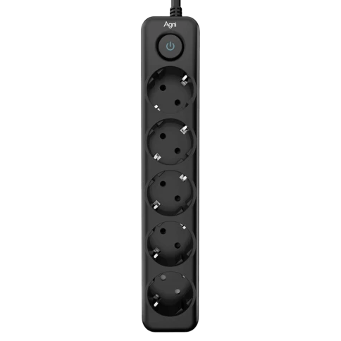 Cетевой фильтр AGNI плоский TP-FD5E-2m-black, 5 розеток Schuko, чёрный, кабель 2 метра, мощность нагрузки 4000 Вт, 16А, заземление, защита от короткого замыкания, сечение кабеля 3 х 1.5 кв.мм., размер 279x54x40 мм. фото 1