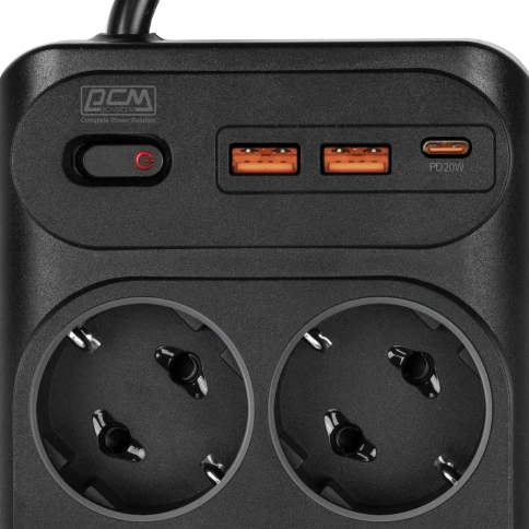 Сетевой фильтр-удлинитель/ PowerCom SP-10 USB2A1CB 1.8M, 10 розеток, черный, 16А, 4кВт, 204Дж, защитные шторки, защита от КЗ, перегрузки и импульсных помех, один порт USB-C(PD20W) и два USB-A(QC3.0) суммарной мощностью 15Вт, кабель 3x1 мм2, ШхГхВ 268х105х фото 5