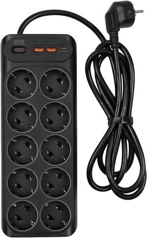Сетевой фильтр-удлинитель/ PowerCom SP-10 USB2A1CB 3.0M, 10 розеток, черный, 16А, 4кВт, 204Дж, защитные шторки, защита от КЗ, перегрузки и импульсных помех, один порт USB-C(PD20W) и два USB-A(QC3.0) суммарной мощностью 15Вт, кабель 3x1.5 мм2, ШхГхВ 268х10 фото 1