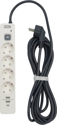 Сетевой фильтр-удлинитель/ PowerCom SP-01 USB2A1CW 3.0M, 4 розетки, белый, 16А, 4кВт, 380Дж, защитные шторки, защита от КЗ, перегрузки, ВЧ и импульсных помех, один порт USB-C(PD20W) и два USB-A(QC3.0) суммарной мощностью 24Вт, кабель 3x1.5 мм2, ШхГхВ 281х фото 1