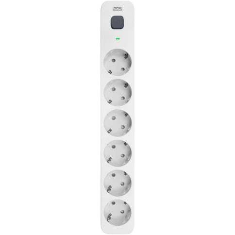 Фильтр-удлинитель PowerCom SP-06W 1.8M, 6 розеток, белый, 16А, 4кВт, 380Дж, защитные шторки, защита от КЗ, перегрузки, ВЧ и импульсных помех, кабель 3x1 мм2, ШхГхВ 338.5х50х40.2 мм, вес 0.48 кг./ Surge protector PowerCom SP-06W 1.8M, 6 sockets, white, 16A фото 1