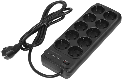 Сетевой фильтр-удлинитель/ PowerCom SP-10 USB2A1CB 3.0M, 10 розеток, черный, 16А, 4кВт, 204Дж, защитные шторки, защита от КЗ, перегрузки и импульсных помех, один порт USB-C(PD20W) и два USB-A(QC3.0) суммарной мощностью 15Вт, кабель 3x1.5 мм2, ШхГхВ 268х10 фото 4