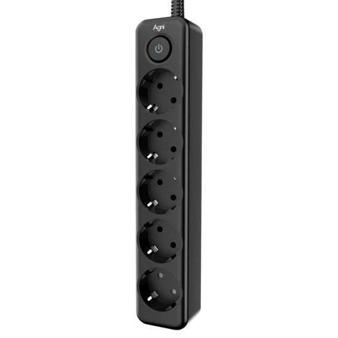 Cетевой фильтр AGNI плоский TP-FD5E-3m-black, 5 розеток Schuko, чёрный, кабель 3 метра, мощность нагрузки 4000 Вт, 16А, заземление, защита от короткого замыкания, сечение кабеля 3 х 1.5 кв.мм., размер 279x54x40 мм. фото 2