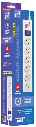 Фильтр-удлинитель Power Cube 3,0 м 6 розеток с заземлением (белый) 16А/3,5кВт/ Surge protector Power Cube 3,0 m 6 outlets (white) 16A / 3,5kVt фото 5