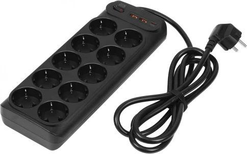 Сетевой фильтр-удлинитель/ PowerCom SP-10 USB2A1CB 3.0M, 10 розеток, черный, 16А, 4кВт, 204Дж, защитные шторки, защита от КЗ, перегрузки и импульсных помех, один порт USB-C(PD20W) и два USB-A(QC3.0) суммарной мощностью 15Вт, кабель 3x1.5 мм2, ШхГхВ 268х10 фото 3
