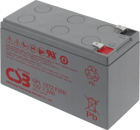 Батарея CSB серия GP, GPL1272 F2 FR, напряжение 12В, емкость 7.2Ач (разряд 20 часов), макс. ток разряда (5 сек.) 130А, ток короткого замыкания 265А, макс. ток заряда 2.16A, свинцово-кислотная типа AGM, клеммы F2, ДxШxВ 150.9x64.8x98.6мм., вес 2.6кг., срок фото 1
