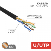 Кабель информационный U/UTP категория 5е 4х2х24AWG(0,50мм) 305м (медь) PE OUTDOOR solid черный РФ REXANT