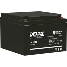 Батарея DELTA серия DT, DT 1226, напряжение 12В, емкость 26Ач (разряд 20 часов),  макс. ток разряда (5 сек.) 390А, макс. ток заряда 7.8А, свинцово-кислотная типа AGM, клеммы под гайку и болт M6, ДxШxВ 175х166х125мм., вес 8кг., срок службы 5 лет./ Battery