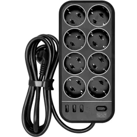 Фильтр-удлинитель PowerCom SP-08 USB03AB 1.8M, 8 розеток, черный, 16А, 4кВт, 175Дж, 3*USB, защитные шторки, защита от КЗ, перегрузки, ВЧ и импульсных помех, кабель 3x1 мм2, ШхГхВ 230х105х45 мм, вес 0.55 кг./ Surge protector PowerCom SP-08 USB03AB 1.8M, 8