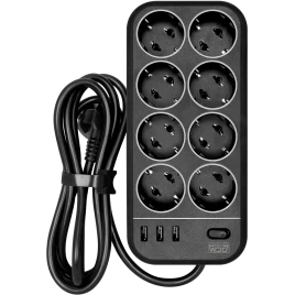 Фильтр-удлинитель PowerCom SP-08 USB03AB 1.8M, 8 розеток, черный, 16А,