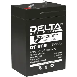 Батарея DELTA серия DT, DT 606, напряжение 6В, емкость 6Ач (разряд 20 часов),  макс. ток разряда (5 сек.) 90А, макс. ток заряда 1.8А, свинцово-кислотная типа AGM, клеммы F1, ДxШxВ 70х48х101мм., вес 0.81кг., срок службы 5 лет./ Battery DELTA series DT, DT