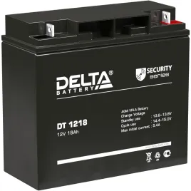 Батарея DELTA серия DT, DT 1218, напряжение 12В, емкость 18Ач (разряд 20 часов),  макс. ток разряда (5 сек.) 250А, макс. ток заряда 5.4А, свинцово-кислотная типа AGM, клеммы под гайку и болт M6, ДxШxВ 181х77х160мм., вес 5.2кг., срок службы 5 лет./ Battery