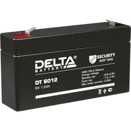 Батарея DELTA серия DT, DT 6012, напряжение 6В, емкость 1.2Ач (разряд 20 часов),  макс. ток разряда (5 сек.) 16.2А, макс. ток заряда 0.36А, свинцово-кислотная типа AGM, клеммы F1, ДxШxВ 97х24х51мм., вес 0.29кг., срок службы 5 лет./ Battery DELTA series DT