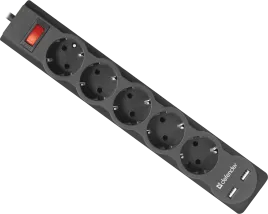Сетевой фильтр Defender DFS 753 3,0 м, 5 розеток, 2xUSB, 2.1A