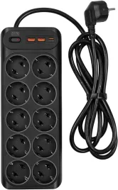 Сетевой фильтр-удлинитель/ PowerCom SP-10 USB2A1CB 1.8M, 10 розеток, черный, 16А, 4кВт, 204Дж, защитные шторки, защита от КЗ, перегрузки и импульсных помех, один порт USB-C(PD20W) и два USB-A(QC3.0) суммарной мощностью 15Вт, кабель 3x1 мм2, ШхГхВ 268х105х