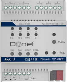 Контроллер фанкойла Donel DAFVFT0710011-10V — KNX, 4 выхода 0–10 В, для двух- и четырёхтрубных систем