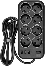 Фильтр-удлинитель PowerCom SP-08 USB03AB 3.0M, 8 розеток, черный, 16А, 4кВт, 175Дж, 3*USB, защитные шторки, защита от КЗ, перегрузки, ВЧ и импульсных помех, кабель 3x1 мм2, ШхГхВ 230х105х45 мм, вес 0.68 кг./ Surge protector PowerCom SP-08 USB03AB 3.0M, 8