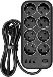 Фильтр-удлинитель PowerCom SP-08 USB03AB 3.0M, 8 розеток, черный, 16А,