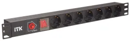 PDU 7 розеток нем. стандарт, с LED выключателем и защитой от перенапряжения, без шнура, вх. C14, алюминиевый профиль
