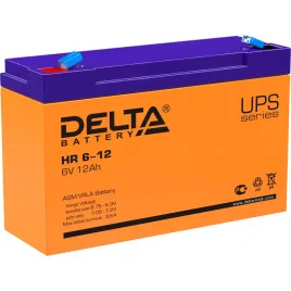 Батарея DELTA серия HR, HR 6-12, напряжение 6В, емкость 12Ач (разряд 20 часов),  макс. ток разряда (5 сек.) 175А, макс. ток заряда 3.6А, свинцово-кислотная типа AGM, клеммы F1, ДxШxВ 151х50х94мм., вес 1.85кг., срок службы 8 лет./ Battery DELTA series HR,