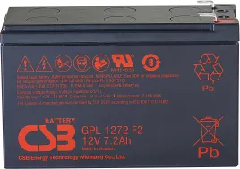 Батарея CSB серия GP, GPL1272 F2 FR, напряжение 12В, емкость 7.2Ач (разряд 20 часов), макс. ток разряда (5 сек.) 130А, ток короткого замыкания 265А, макс. ток заряда 2.16A, свинцово-кислотная типа AGM, клеммы F2, ДxШxВ 150.9x64.8x98.6мм., вес 2.6кг., срок