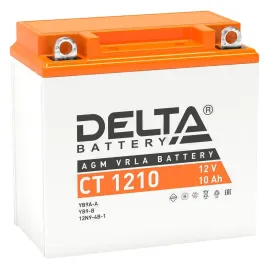 Аккумуляторная батарея для мото-техники/ DELTA серия  CT, CT 1210, напряжение 12В, емкость 10 Ач (разряд 10 часов 10.5 В), пусковой ток: 100А, полярность обратная ( - +),  тип AGM;Pb (свинцово-кислотный), клеммы: BN под болт,  ДxШxВ 137x77x135мм., вес  2,