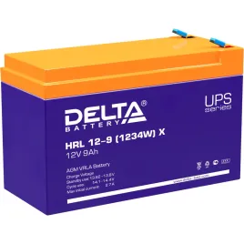Батарея DELTA серия HRL-X, HRL 12-9 X, напряжение 12В, емкость 9Ач (разряд 10 часов),  макс. ток разряда (5 сек.) 135А, макс. ток заряда 2.7А, свинцово-кислотная типа AGM, клеммы F2, ДxШxВ 151х65х94мм., вес 2.55кг., срок службы 12 лет./ Battery DELTA seri