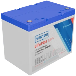 Батарея Vektor Energy серия LFP, LFP 12.8-100, напряжение 12.8В, емкость 100 Ач, макс. ток разряда 110А, макс. ток заряда 100 А, литий-ионная аккуумуляторная батарея, клеммы M8, ДxШxВ 258*166*215 мм., вес 9,9 кг., срок службы 15 лет