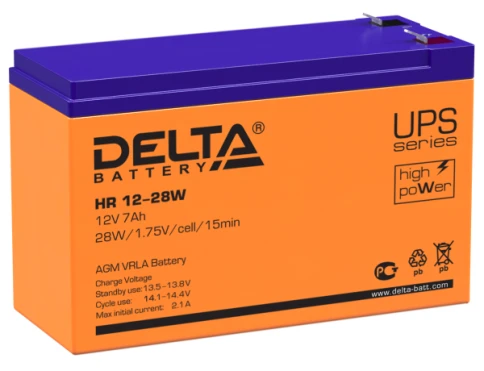Батарея DELTA серия HR-W, HR 12-28 W, напряжение 12В, емкость 7Ач (разряд 20 часов),  макс. ток разряда (5 сек.) 140А, макс. ток заряда 2.1А, свинцово-кислотная типа AGM, клеммы F2, ДxШxВ 151х65х94мм., вес 2.2кг., срок службы 8 лет./ Battery DELTA series  фото 1