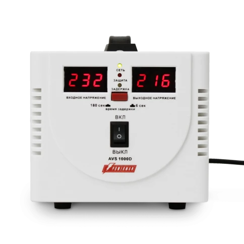 Стабилизатор POWERMAN AVS 1000D, ступенчатый регулятор, цифровые индикаторы уровней напряжения, 1000ВА, 140-260В, максимальный входной ток 7А, 2 евророзетки, IP-20, напольный,  200мм х 150мм х 140мм, 2,3 кг./ Stabilizer POWERMAN AVS 1000D, step-type regul фото 1