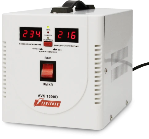 Стабилизатор POWERMAN AVS 1500D, ступенчатый регулятор, цифровые индикаторы уровней напряжения, 1500ВА, 140-260В, максимальный входной ток 10А, 2 евророзетки, IP-20, напольный,  200мм х 160мм х 190мм, 4 кг./ Stabilizer POWERMAN AVS 1500D, step-type regula фото 2