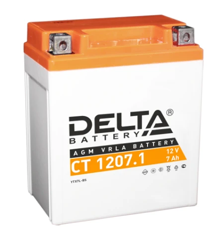 Аккумуляторная батарея для мото-техники/ DELTA серия  CT, CT 1207.1, напряжение 12В, емкость 7 Ач (разряд 10 часов 10.5 В), пусковой ток: 100А, полярность обратная ( - +),  тип AGM;Pb (свинцово-кислотный), клеммы: BN под болт,  ДxШxВ 114x70x132мм., вес  2 фото 1