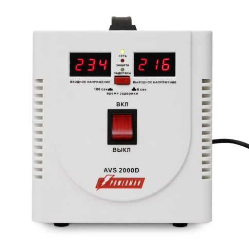 Стабилизатор POWERMAN AVS 2000D, ступенчатый регулятор, цифровые индикаторы уровней напряжения, 2000ВА, 140-260В, максимальный входной ток 12А, 2 евророзетки, IP-20, напольный,  200мм х 160мм х 190мм, 4.9 кг./ Stabilizer POWERMAN AVS 2000D, step-type regu фото 1