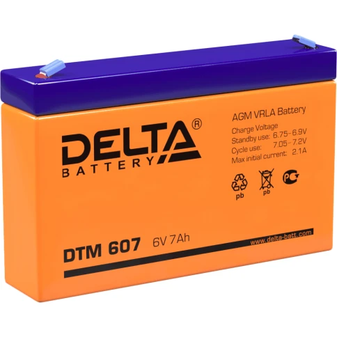 Батарея DELTA серия DTM, DTM 607, напряжение 6В, емкость 7Ач (разряд 20 часов),  макс. ток разряда (5 сек.) 105А, макс. ток заряда 2.04А, свинцово-кислотная типа AGM, клеммы F1, ДxШxВ 151х34х94мм., вес 1.2кг., срок службы 6 лет./ Battery DELTA series DTM, фото 1