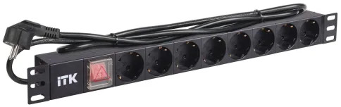 ITK PDU 8 розеток DIN49440 (нем. cтанд.) с LED выключателем, 1U, шнур 2м вилка DIN49441 (нем. станд.), алюминиевый профиль, черный фото 2