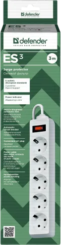 Сетевой фильтр Defender ES 3 3 м, белый, 5 розеток/ Surge Protector De фото 4