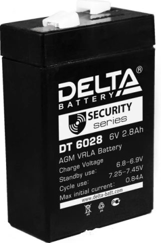 Батарея DELTA серия DT, DT 6028, напряжение 6В, емкость 2.8Ач (разряд 20 часов),  макс. ток разряда (5 сек.) 48А, макс. ток заряда 0.84А, свинцово-кислотная типа AGM, клеммы F1, ДxШxВ 66х33х97мм., вес 0.61кг., срок службы 5 лет./ Battery DELTA series DT, фото 1