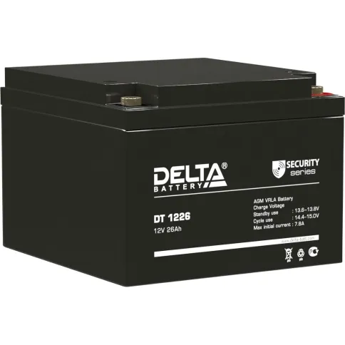 Батарея DELTA серия DT, DT 1226, напряжение 12В, емкость 26Ач (разряд 20 часов),  макс. ток разряда (5 сек.) 390А, макс. ток заряда 7.8А, свинцово-кислотная типа AGM, клеммы под гайку и болт M6, ДxШxВ 175х166х125мм., вес 8кг., срок службы 5 лет./ Battery фото 1