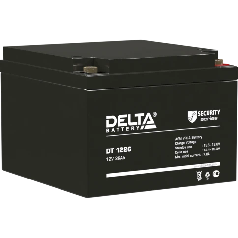 Батарея DELTA серия DT, DT 1226, напряжение 12В, емкость 26Ач (разряд 20 часов),  макс. ток разряда (5 сек.) 390А, макс. ток заряда 7.8А, свинцово-кислотная типа AGM, клеммы под гайку и болт M6, ДxШxВ 175х166х125мм., вес 8кг., срок службы 5 лет./ Battery фото 1