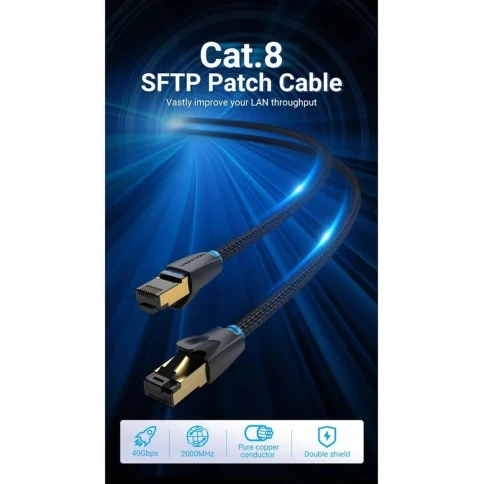 Патч-корд Vention прямой SFTP cat.8 RJ45 - 3м. Черный Тканевая оплетка фото 2