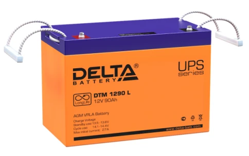 Батарея DELTA серия DTM L, DTM 1290 L, напряжение 12В, емкость 90Ач (разряд 10 часов),  макс. ток разряда (5 сек.) 900А, макс. ток заряда 27А, свинцово-кислотная типа AGM, клеммы под болт М6, ДxШxВ 306х169х211мм., вес 27кг., срок службы 10-12 лет./ Batter фото 1
