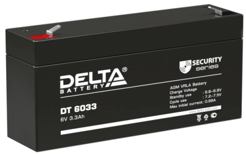 Батарея DELTA серия DT, DT 6033, напряжение 6В, емкость 3.3Ач (разряд 20 часов),  макс. ток разряда (5 сек.) 50А, макс. ток заряда 0.99А, свинцово-кислотная типа AGM, клеммы F1, ДxШxВ 134х34х61мм., вес 0.65кг., срок службы 5 лет./ Battery DELTA series DT, фото 1