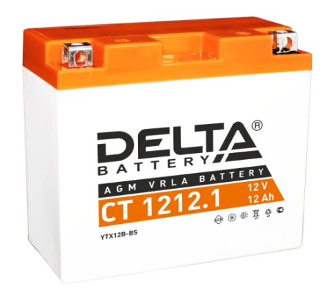 Аккумуляторная батарея для мото-техники/ DELTA серия  CT, CT 1212.1, напряжение 12В, емкость 12 Ач (разряд 10 часов 10.5 В), пусковой ток: 155А, полярность обратная ( - +),  тип AGM;Pb (свинцово-кислотный), клеммы: BN под болт,  ДxШxВ 151x71x130мм., вес фото 1