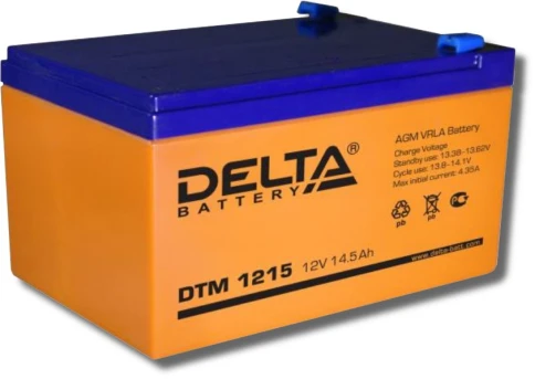 Батарея DELTA серия DTM, DTM 1215, напряжение 12В, емкость 15Ач (разряд 20 часов),  макс. ток разряда (5 сек.) 180А, макс. ток заряда 4.5А, свинцово-кислотная типа AGM, клеммы F2, ДxШxВ 151х98х95мм., вес 4.2кг., срок службы 6 лет./ Battery DELTA series DT фото 1